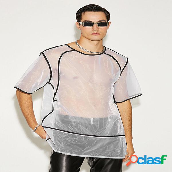 T-shirt da uomo in rete trasparente con patchwork