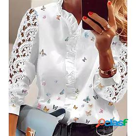 Womens Blouse Shirt Butterfly Butterfly V Neck Ruffle Button