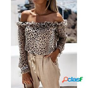 Womens Blouse Shirt Leopard Off Shoulder Ruffle Print Casual