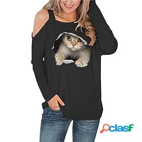 Womens Casual Weekend T shirt Tee 3D Cat Painting Long