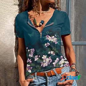 Women's Casual Weekend T shirt Tee Floral Painting Short