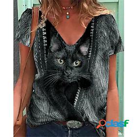 Womens Home Casual Daily T shirt Tee 3D Cat Short Sleeve Cat