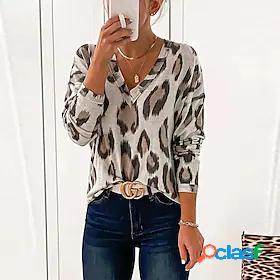 Womens Home Daily T shirt Tee Long Sleeve Leopard V Neck