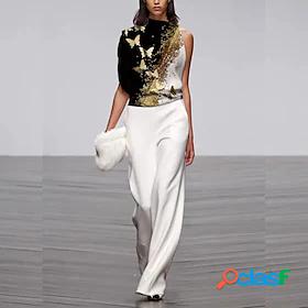 Womens Jumpsuit Butterfly Patchwork Elegant Crew Neck