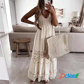 Womens Maxi long Dress A Line Dress White Beige Sleeveless