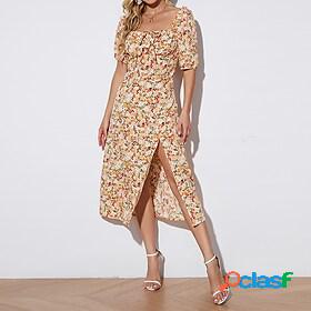 Womens Midi Dress A Line Dress Beige Short Sleeve Split