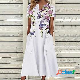 Womens Midi Dress A Line Dress White Short Sleeve Pocket