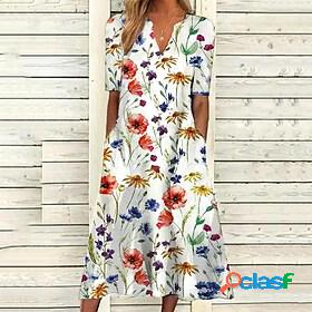 Womens Midi Dress Shift Dress White Half Sleeve Pocket Print