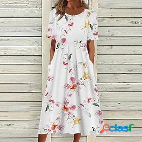 Womens Midi Dress Shift Dress White Short Sleeve Pocket