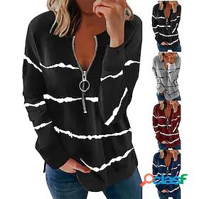 Womens Sweatshirt V Neck Zipper Color Block Cotton Sport