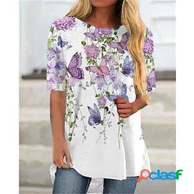 Womens T shirt 3D Printed Butterfly Flower Round Neck Basic
