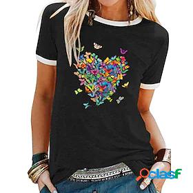Womens T shirt Butterfly Heart Patchwork Print Round Neck