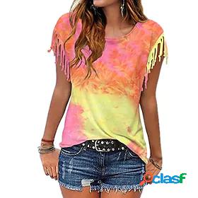 Womens T shirt Tie Dye Round Neck Tops Blue Purple Orange