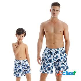 Dad and Son Swimsuit Sports Outdoor Graphic Leaf Print Blue