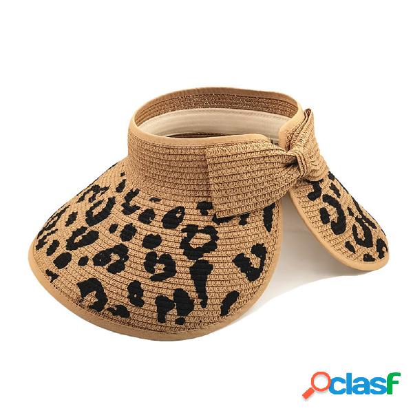 JASSY Ladies Straw Bow Leopard Print Straw Hat Vacation