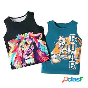 Kids Boys Tank Sleeveless Crewneck Tiger Animal Black Blue