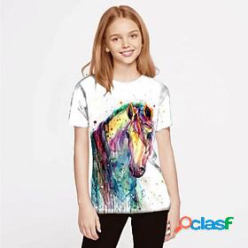 Kids Girls T shirt Short Sleeve 3D Print Horse Animal White
