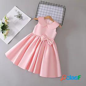 Kids Little Girls Dress Solid Colored Party Wedding Bow Pink
