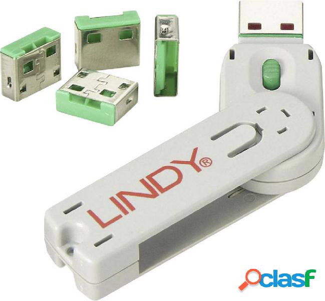 LINDY Blocco porta USB USB-Lock + Key Kit da 4 Verde incl. 1