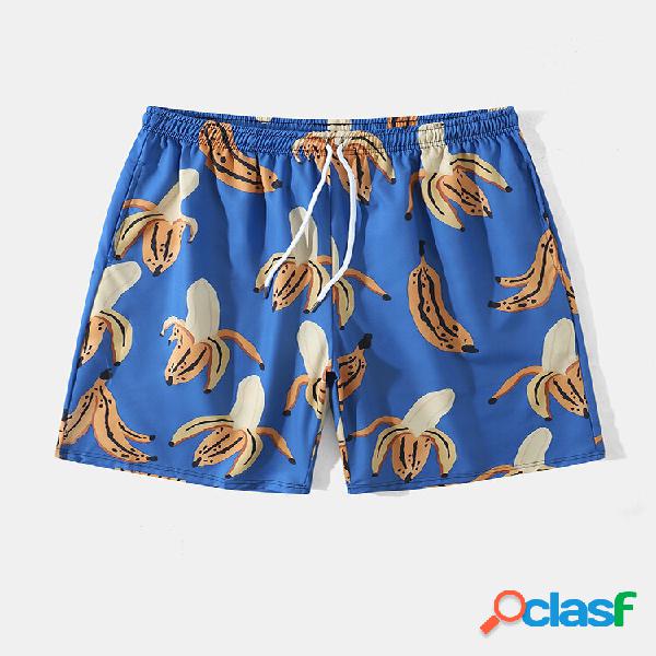 Men Banana Print Mid Length Beachwear Shorts