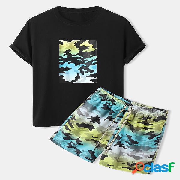 Men Camo Print Mesh Insert Round Neck Short Sleeve Suits