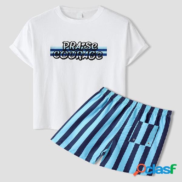 Men Letter & Striped Print Short Sleeve Beachwear Suits