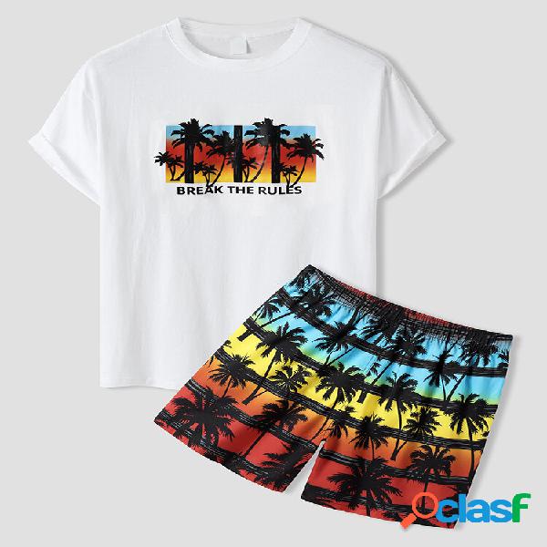 Men Palm Tree Gradient Color Letter Beachwear Suits