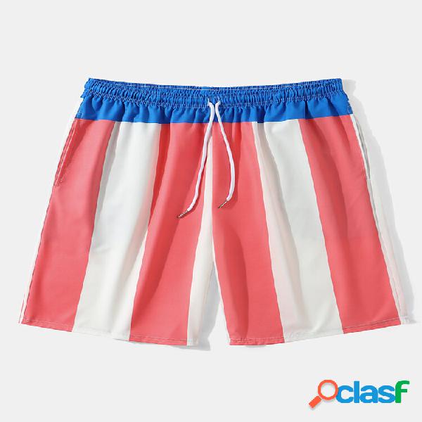 Men Patchwork Striped Mid Length Beachwear Shorts