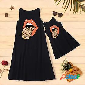 Mommy and Me Cotton Dresses Daily Cartoon Leopard Print
