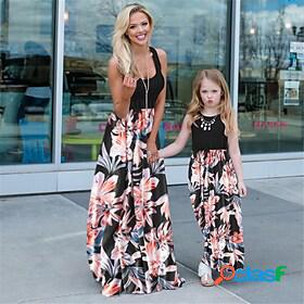 Mommy and Me Dresses Floral Print Black Maxi Sleeveless