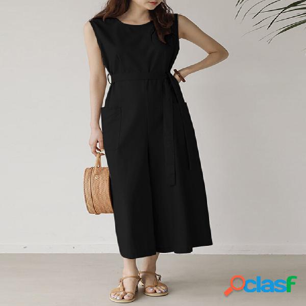 Solid Pocket Knotted Sleeveless Round Neck Casual Jumpsuit