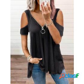 Womens Blouse Eyelet top Shirt Plain V Neck Cut Out Zipper