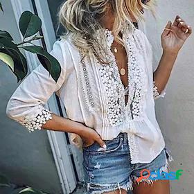 Womens Blouse Shirt Solid Colored Long Sleeve Lace Deep V