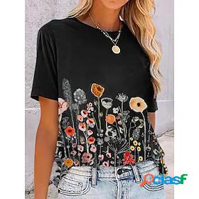 Womens Casual Daily T shirt Tee Short Sleeve Flower Round