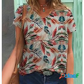 Womens Casual T shirt Tee Floral Short Sleeve Flower V Neck