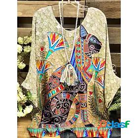 Womens Casual Weekend Shirt Floral 3D Cat 3/4 Length Sleeve
