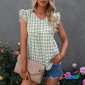 Womens Casual Weekend Tank Top Camis Sleeveless Plaid V Neck