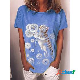 Womens Daily T shirt Tee Dandelion Short Sleeve Cat Graphic