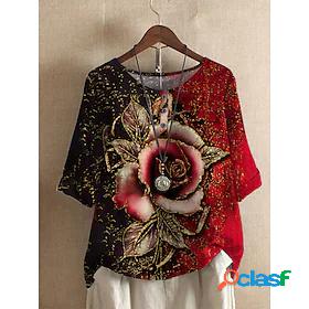 Womens Daily T shirt Tee Floral Half Sleeve Flower Round