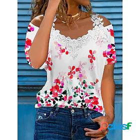 Womens Daily T shirt Tee Floral Short Sleeve Flower Off