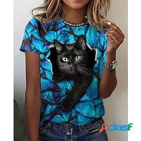 Womens Daily Weekend T shirt Tee 3D Cat Short Sleeve Cat