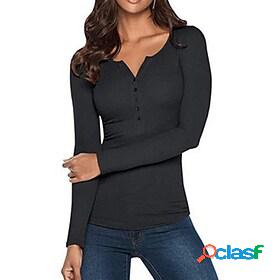 Womens Daily Weekend T shirt Tee Long Sleeve Plain V Neck