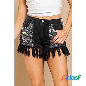 Womens Fashion Sequins Tassel Fringe Side Pockets Jeans