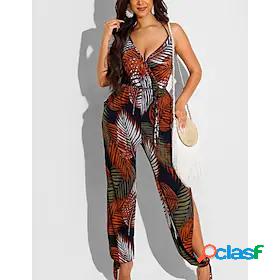 Womens Jumpsuit Color Block Holiday Deep V Straight Vacation