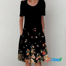 Womens Knee Length Dress A Line Dress Black Short Sleeve
