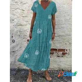 Womens Knee Length Dress A Line Dress Blue Short Sleeve