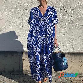 Womens Maxi long Dress A Line Dress Blue Short Sleeve Print