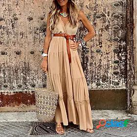 Womens Maxi long Dress A Line Dress Red Beige Sleeveless