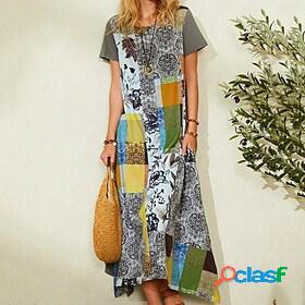 Womens Maxi long Dress Shift Dress Grey Short Sleeve Print