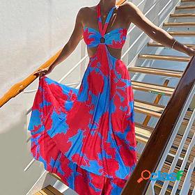 Womens Maxi long Dress Swing Dress Blue Rainbow Sleeveless